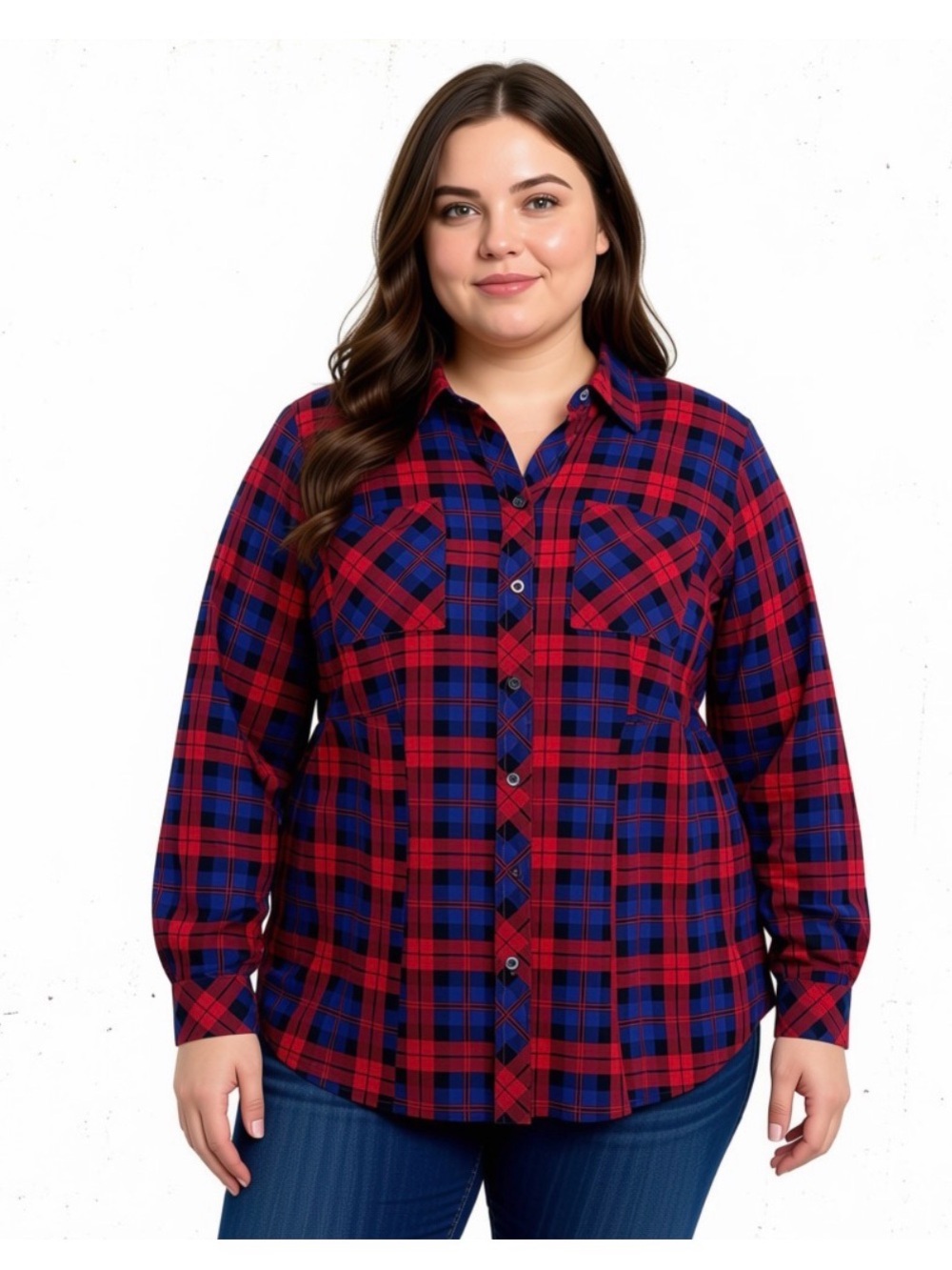 Torrid Red & Blue Plaid Button-Down Collared Shirt Cinched Waist